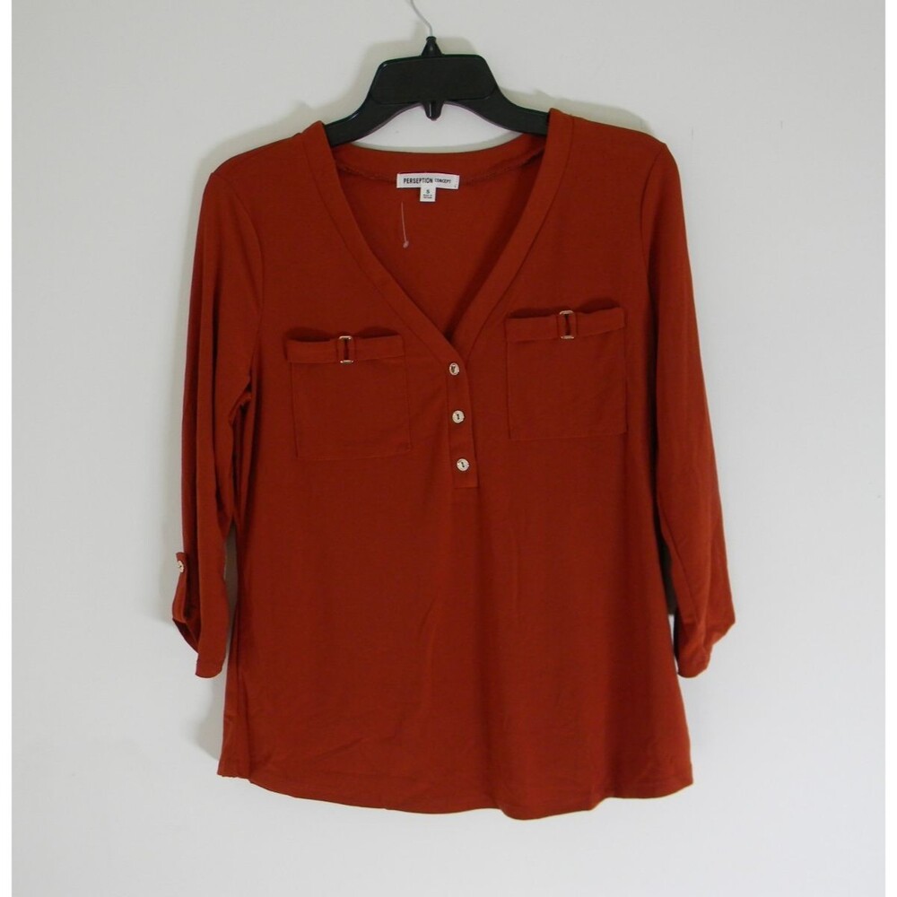 Perseption Concept Burnt Orange Shirt Gold Accents Pockets Business Casual NWOT